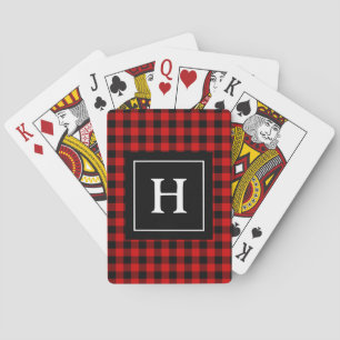 Red Black Buffalo Plaid Pattern Monogrammed Playing Cards