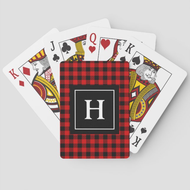 Red Black Buffalo Plaid Pattern Monogrammed Playing Cards (Back)