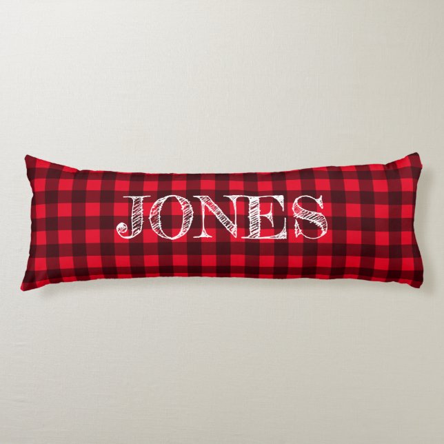 Red & black buffalo plaid pattern personalized body cushion (Front)