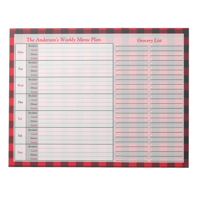 Red Black Buffalo Plaid Personalised Menu Plan Notepad (Front)