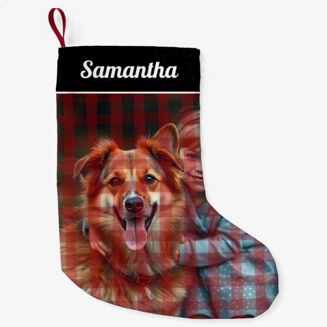 Red Black Buffalo Plaid Personalised photo Small Christmas Stocking (Front)