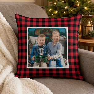 Red Black Buffalo Plaid Photo Christmas Cushion