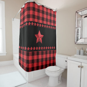 Red & Black Buffalo Plaid Red Stars Accent Shower Curtain