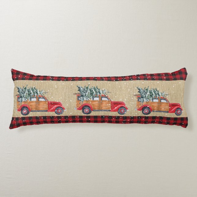 Red Black Buffalo Plaid, Red Truck and Xmas Tree   Body Cushion (Front)