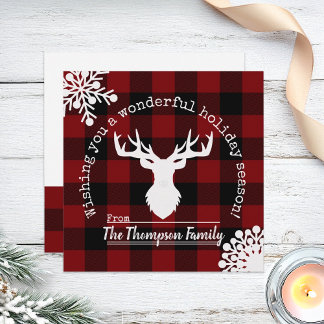 Red Black Buffalo Plaid Reindeer Antlers Christmas Holiday Card