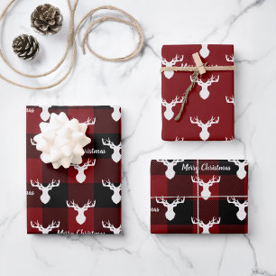 Red Black Buffalo Plaid Reindeer Christmas Holiday Wrapping Paper Sheet