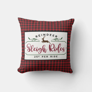 Red Black Buffalo Plaid - Reindeer Sleigh Rides Cushion