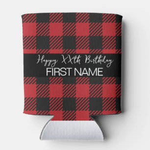 Red & Black Buffalo Plaid Rustic Birthday Party  Can Cooler