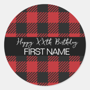 Red & Black Buffalo Plaid Rustic Birthday Party  Classic Round Sticker