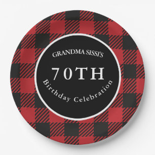 Red & Black Buffalo Plaid Rustic Birthday Party Paper Plate