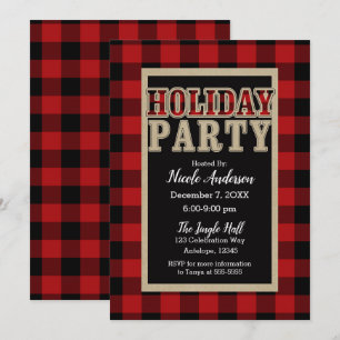 Red Black Buffalo Plaid Rustic Holiday Party Invitation