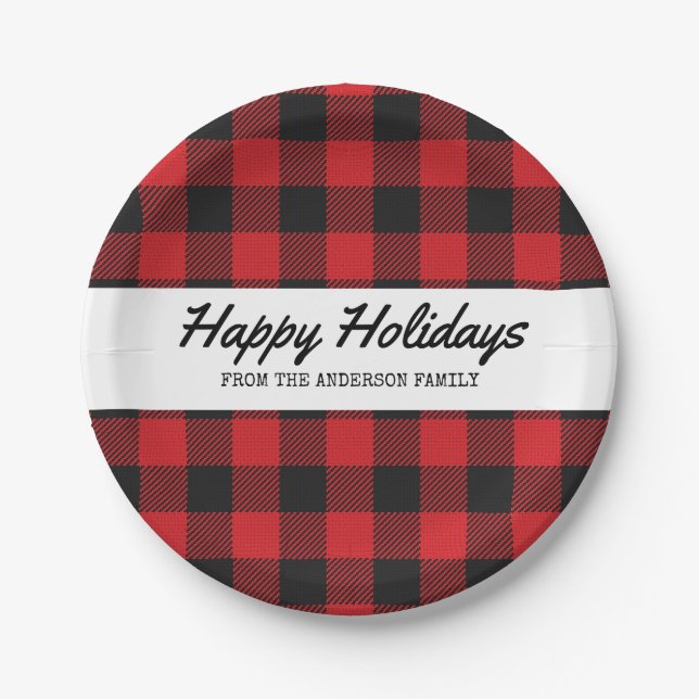 Red Black Buffalo Plaid Rustic Mountain Christmas Paper Plate (Front)