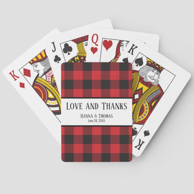 Red Black Buffalo Plaid Rustic Wedding Playing Cards (Back)