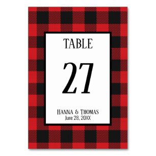 Red Black Buffalo Plaid Rustic Wedding  Table Number