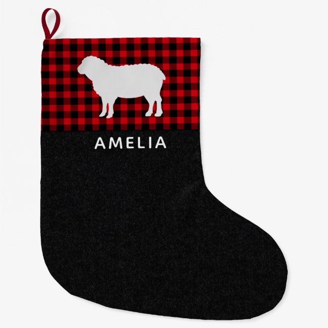 Red & Black Buffalo Plaid Sheep Personalised Large Christmas Stocking (Front)