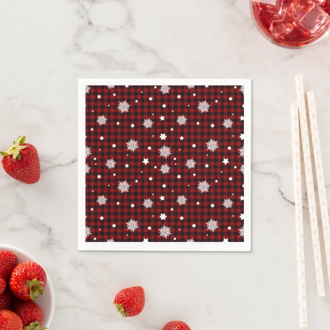 Red Black Buffalo Plaid Snowflake Winter Christmas Napkin (Insitu)