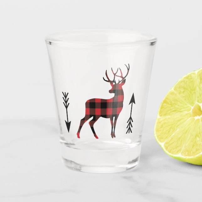 Red Black Buffalo Plaid Standing Deer Arrows Shot Glass (Front)
