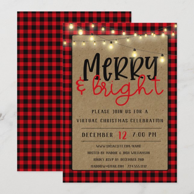Red Black Buffalo Plaid Virtual Christmas Party Invitation (Front/Back)