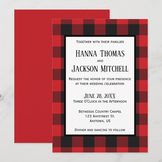 Red Black Buffalo Plaid Wedding Invitation (Front/Back)