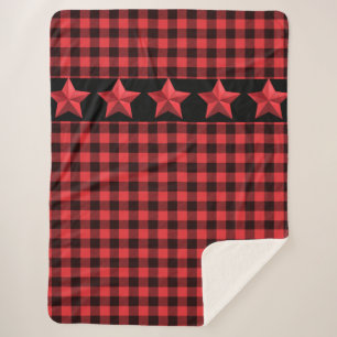 Red & Black Buffalo Plaid with Red Stars Sherpa Blanket
