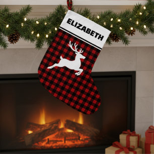 Red & Black Buffalo Plaid with Reindeer Custom Large Christmas Stocking