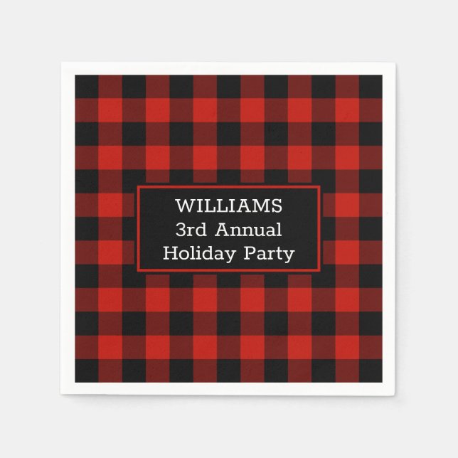 Red Black Buffalo Plaid Your Name Holiday Party Napkin (Front)