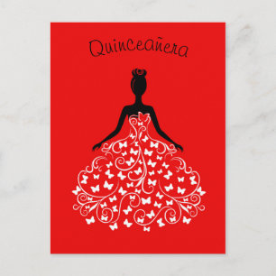 Red Black Butterfly Gown Quinceanera Invitation Postcard
