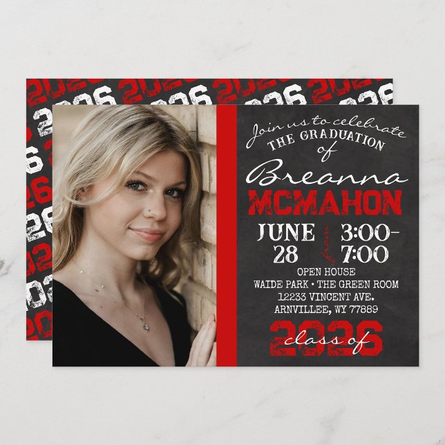 Red & Black Chalkboard Graduation Photo Invitation ( Repeating Class Year 1 & 2 Photo Graduation Invitations & Announcements)