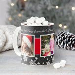 Red Black Chalkboard Three Photo Collage Christmas Coffee Mug<br><div class="desc">Personalise this Christmas coffee mug with custom text and three (3) holiday photos.  Design features a handwritten script font,  vibrant red ribbon stripe,  and white snowflakes. Soft black background has a rustic textured chalkboard appearance.</div>