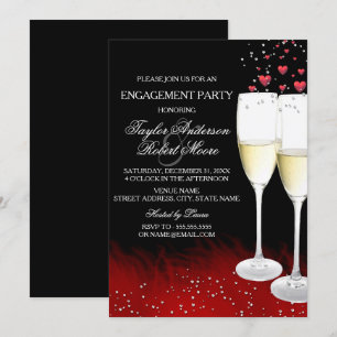 Red Black Champagne & Hearts Engagement Party Invitation