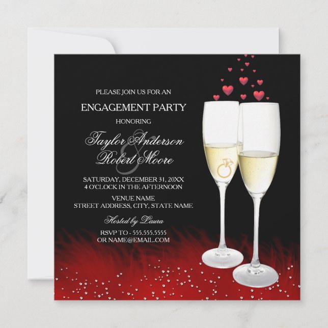 Red Black Champagne Ring Heart Engagement Party Invitation (Front)