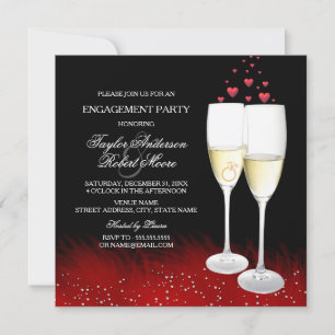 Red Black Champagne Ring Heart Engagement Party Invitation