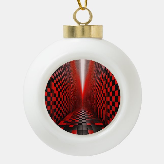 Red & Black Checkerboard Hallway With Light      Ceramic Ball Christmas Ornament (Front)