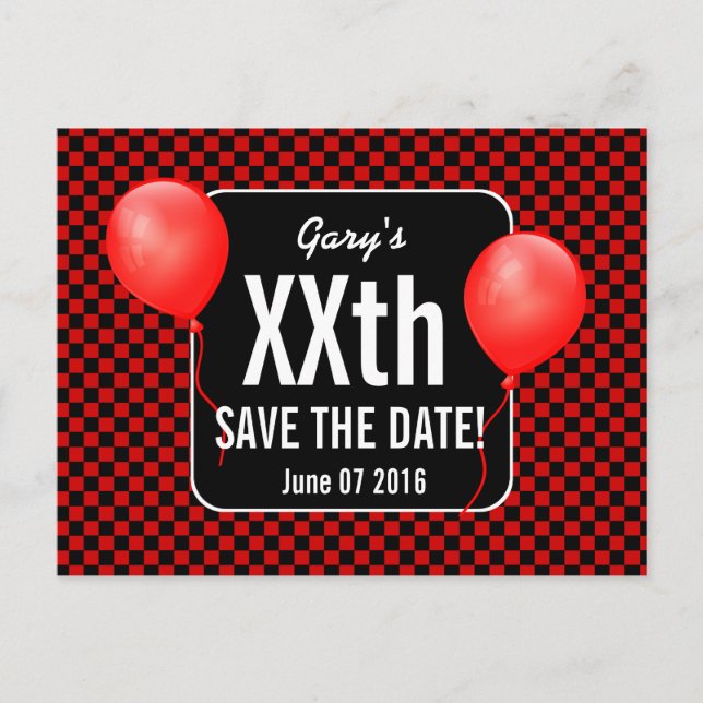 RED BLACK CHECKS Balloons Any Year Birthday B03H Announcement Postcard (Front)