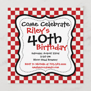 Red Black Chequered 40th Birthday Party Invitation