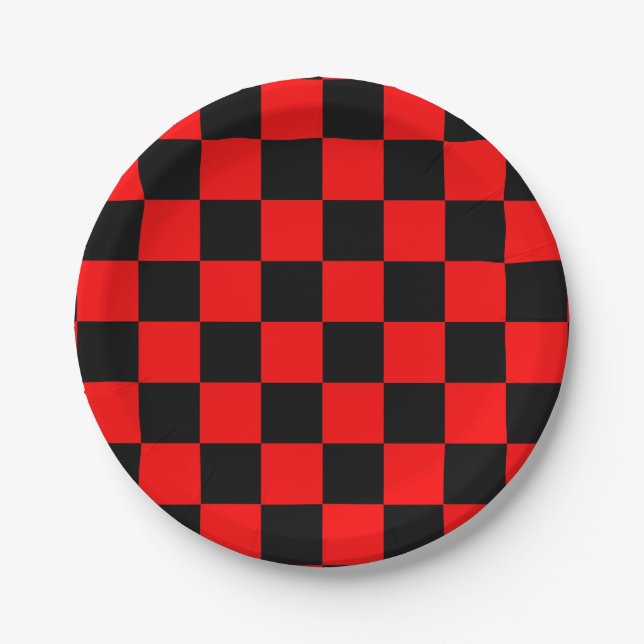 Red Black Chequered Check Pattern Paper Plate (Front)