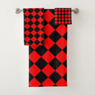 Red Black Chequered Diamond Pattern  Bath Towel Set