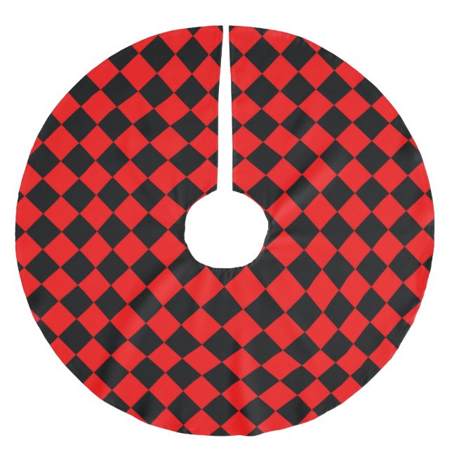 Red Black Chequered Diamond Pattern Brushed Polyester Tree Skirt (Front)