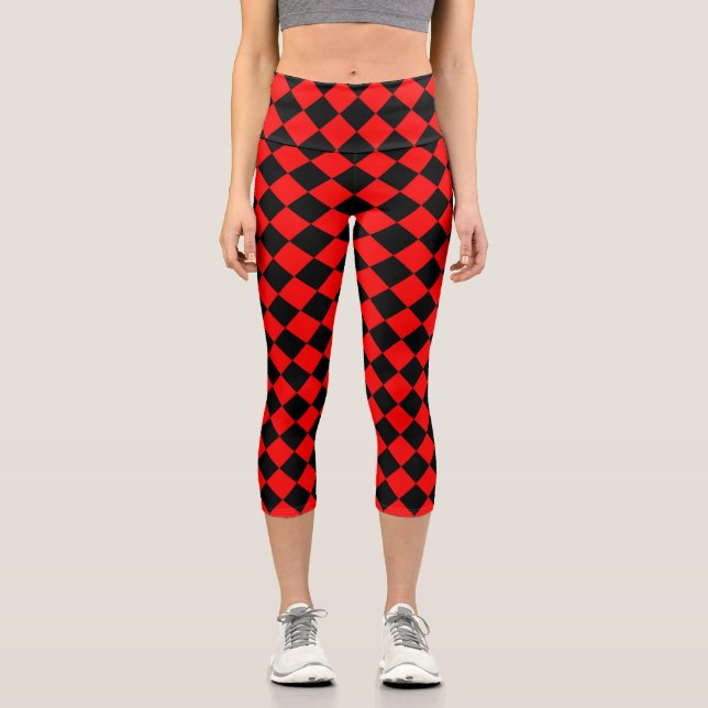 Red Black Chequered Diamond Pattern  Capri Leggings (Front)