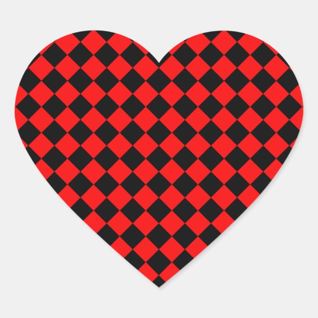 Red Black Chequered Diamond Pattern Heart Sticker (Front)