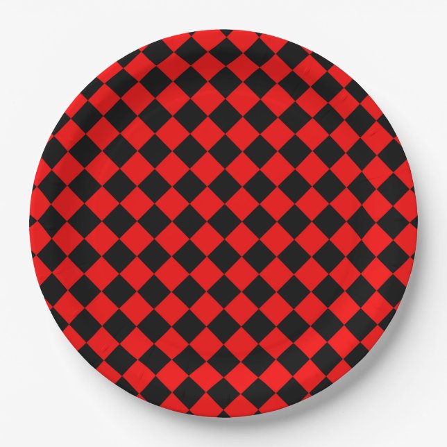 Red Black Chequered Diamond Pattern Paper Plate (Front)