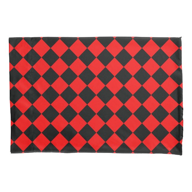 Red Black Chequered Diamond Pattern Pillowcase (Front-Left)