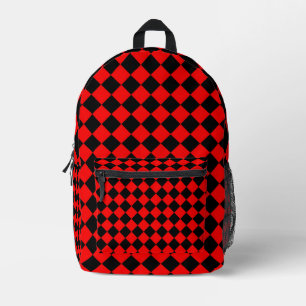 Red Black Chequered Diamond Pattern Printed Backpack
