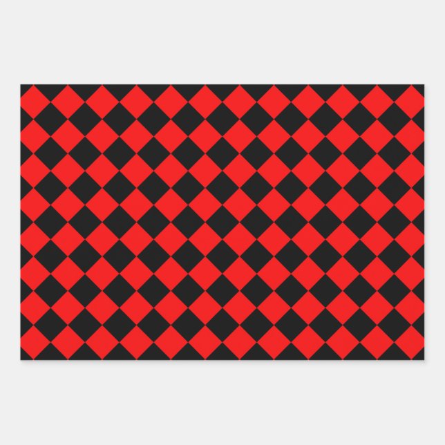 Red Black Chequered Diamond Pattern Wrapping Paper Sheet (Front)