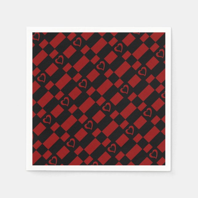 Red & Black Chequered Heart Pattern Napkins (Front)