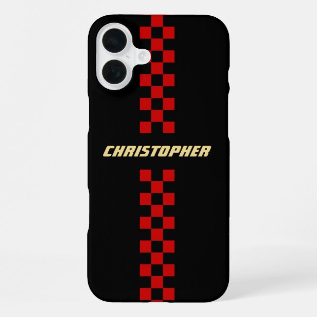 Red Black Chequered Racing Flag Gold Monogrammed iPhone Case (Back)