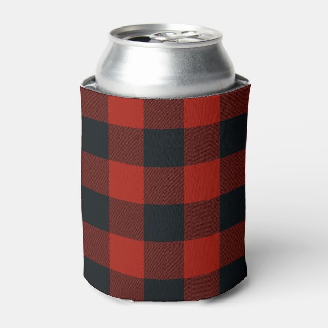 Red & Black Chequered Squares Buffalo Plaid Can Cooler (Can Front)