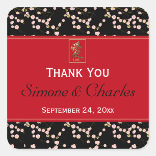 Red, Black Cherry Blossoms Wedding Favour Sticker