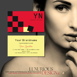Red Black Chessboard Yellow with Monogram Modern Business Card
