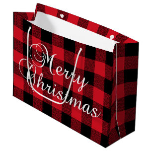 Red & Black Chevron Buffalo Plaid Merry Christmas Large Gift Bag